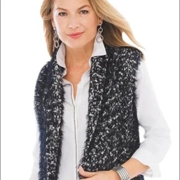Chico’s Women's Large Vest Cardigan Open Front Soft Fuzzy Black Ecru Cozy - Picture 3 of 16